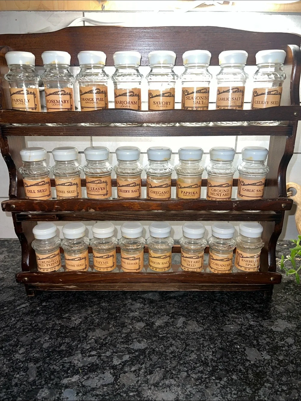 WHAT A FIND!  Vintage Wooden 3-Tier Spice Rack 24 white -Lidded Glass Jars -